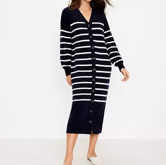 Loft supersoft cardigan sweater dress sz medium navy blue cream stripe new - Picture 1 of 8
